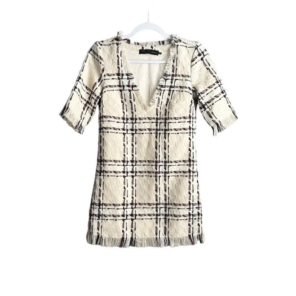 House of Harlow 1960 x‎ REVOLVE Plaid Tweed Fringe Mini Dress Cream XXS